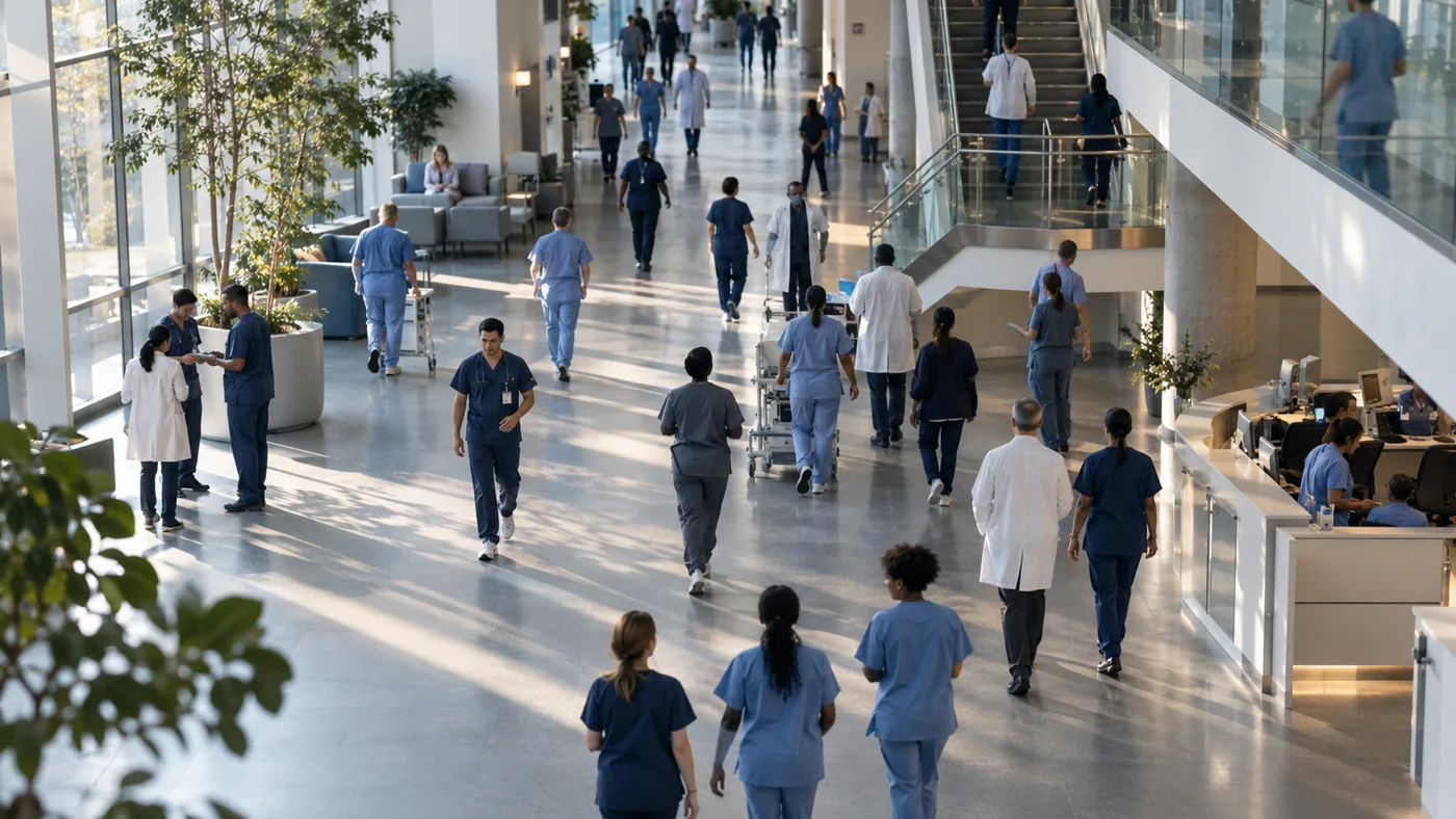 Illustrative view of a hospital shift change with many healthcare professionals.